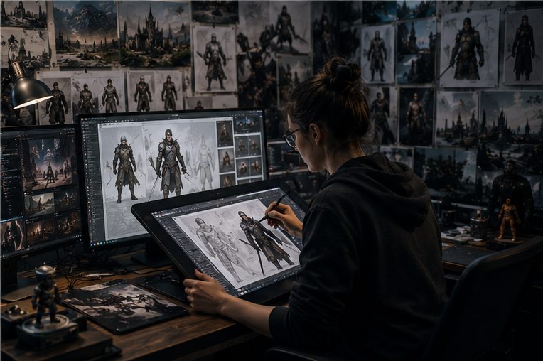 Concept artist at a pen display refining armour studies, walls covered with character and environment plates