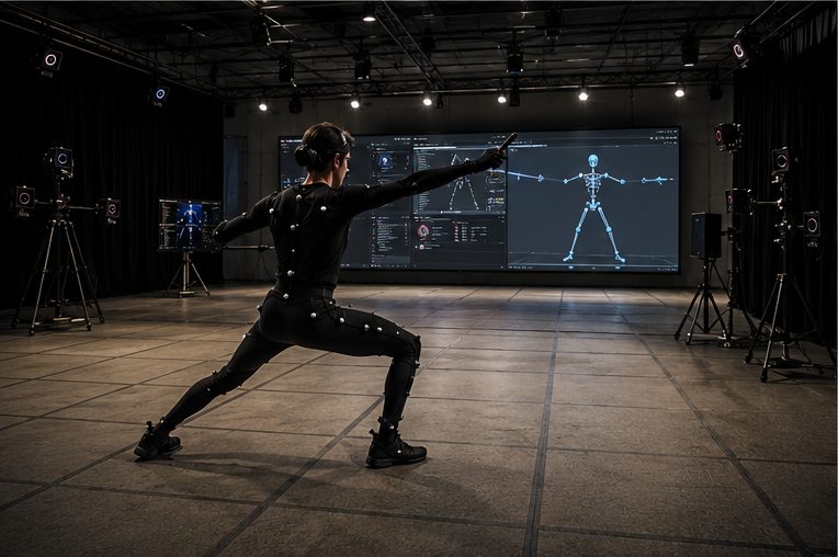 Performer in a marker suit holding a lunge on the AetherForges capture stage, live skeleton solving on the wall display